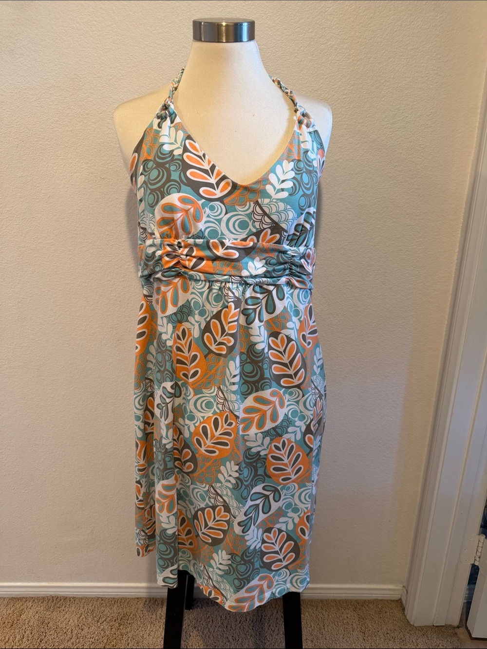 Tommy Bahama Teal & Orange Leaf-Print Halter Backless Dress - Picture 4 of 7
